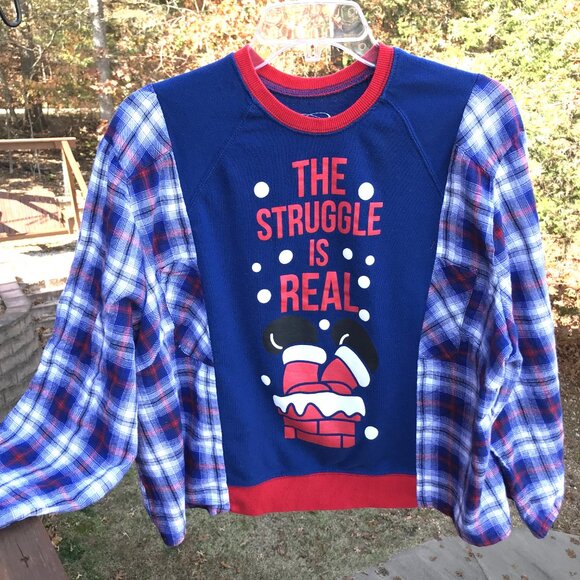 Flannel Tee Upcycle, Christmas Shirt: Size M-XL, Holiday Graphics, Santa - Picture 5 of 10